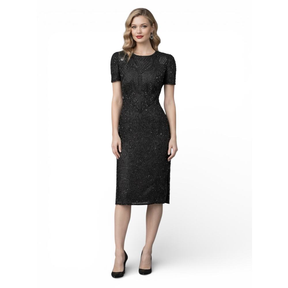 1980s–1990s AP Ltd Black Silk Beaded Sequin Cocktail Dress Size 6